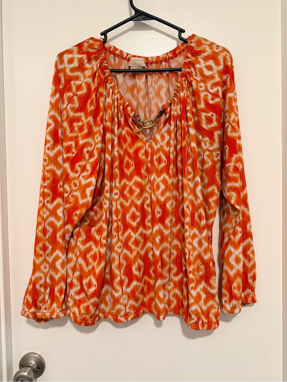 Michael Kors Orange and Cream Chain-Accent V-Neck Blouse